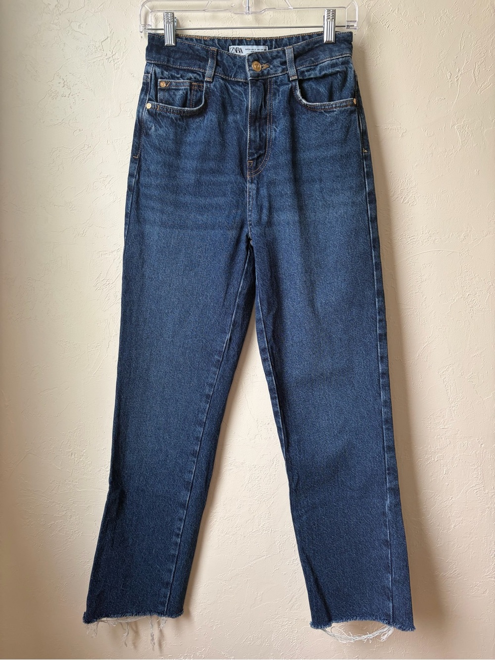 Zara High Rise Straight Leg Raw Hem Cropped Jeans Dark Wash US 2